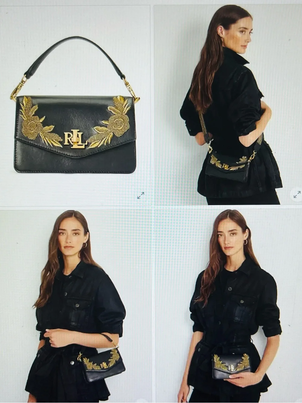 Lauren Ralph Lauren Bullion Leather Tayler Floral Crossbody Bag Black Gold